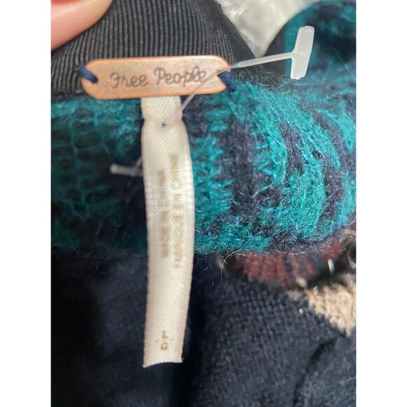 Free People Women Blue Black Embellished Bell Sleeve Full Zip Cardigan Size L - Picture 6 of 7